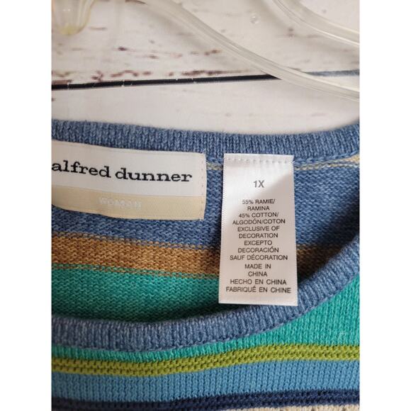 Alfred Dunner Short Sleeve Top Blue Tan Striped Embellished Knit Women's Size 1X - Picture 2 of 10